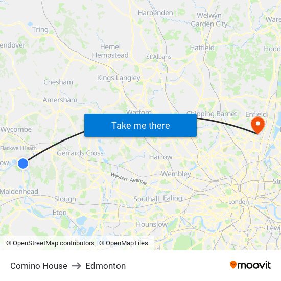 Comino House to Edmonton map