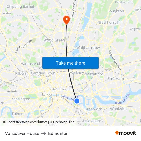 Vancouver House to Edmonton map