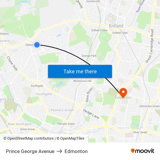 Prince George Avenue to Edmonton map