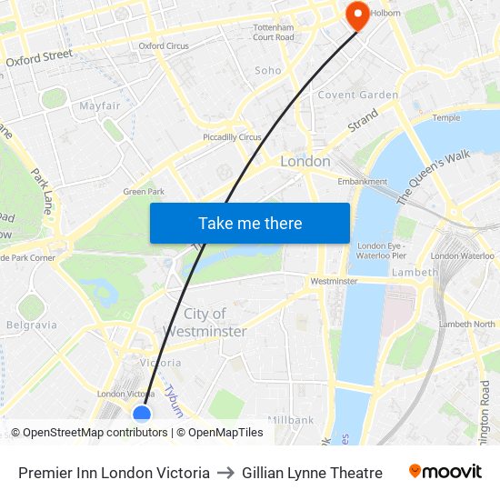 Premier Inn London Victoria to Gillian Lynne Theatre map