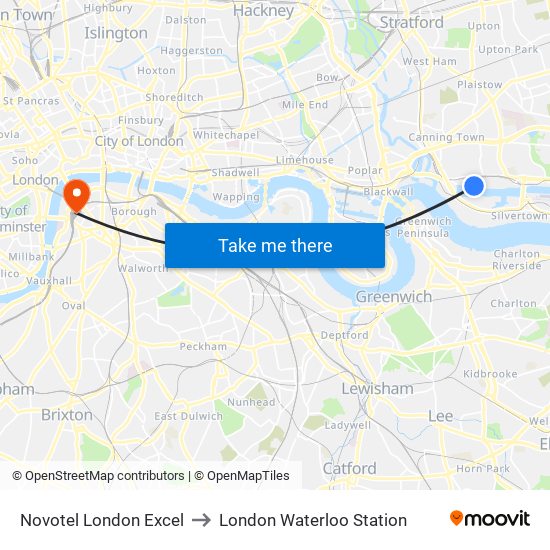 Novotel London Excel to London Waterloo Station map
