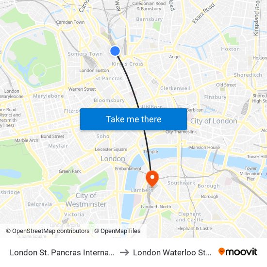 London St. Pancras International to London Waterloo Station map