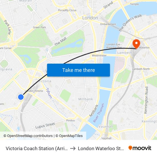 Victoria Coach Station (Arrivals) to London Waterloo Station map