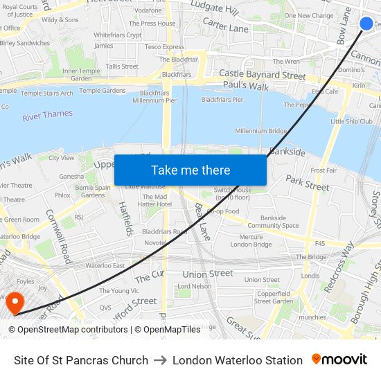 Site Of St Pancras Church to London Waterloo Station map
