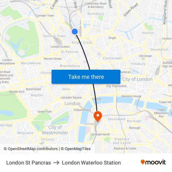 London St Pancras to London Waterloo Station map