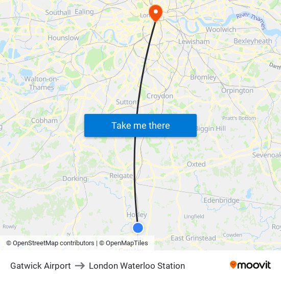 Gatwick Airport to London Waterloo Station map