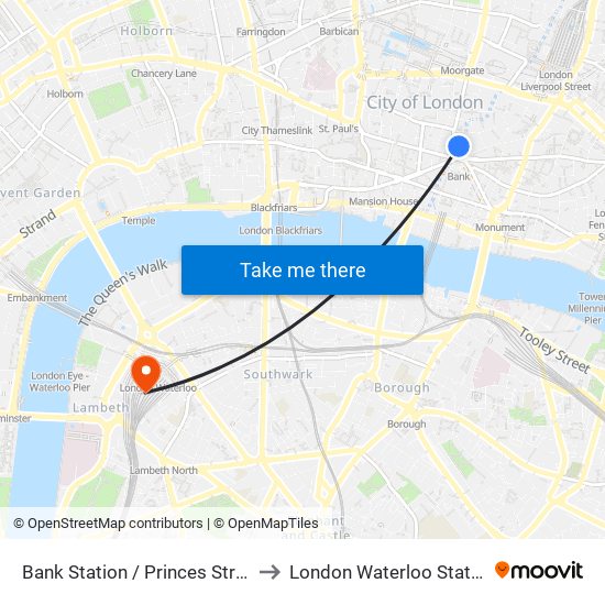 Bank Station / Princes Street to London Waterloo Station map