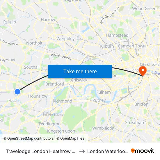 Travelodge London Heathrow Central Hotel to London Waterloo Station map