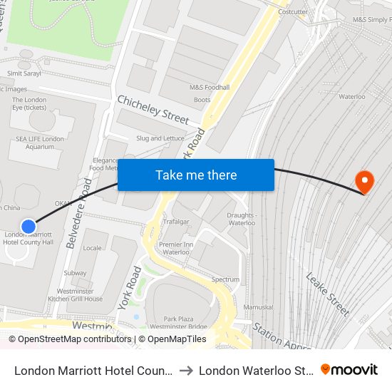 London Marriott Hotel County Hall to London Waterloo Station map
