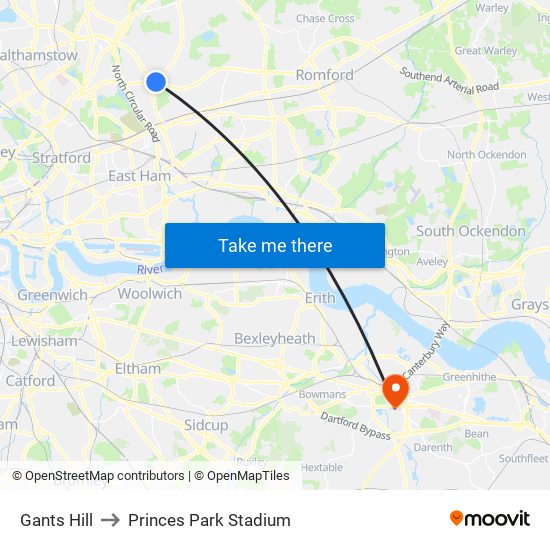 Gants Hill to Princes Park Stadium map
