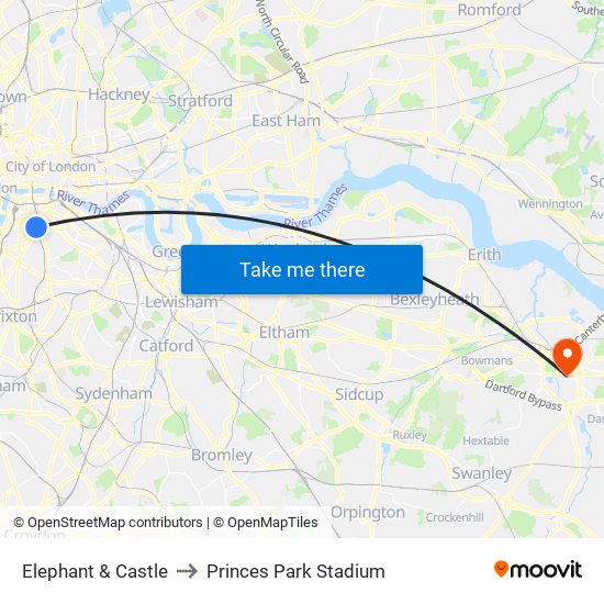 Elephant & Castle to Princes Park Stadium map
