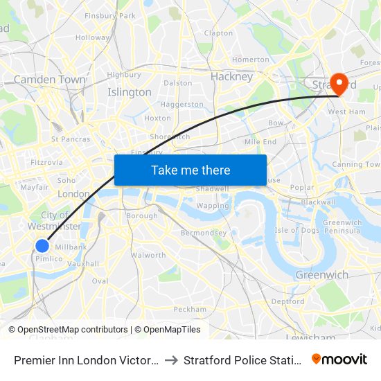 Premier Inn London Victoria to Stratford Police Station map