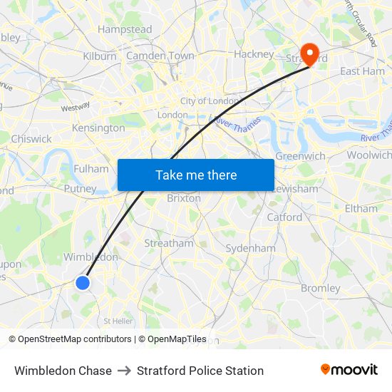 Wimbledon Chase to Stratford Police Station map
