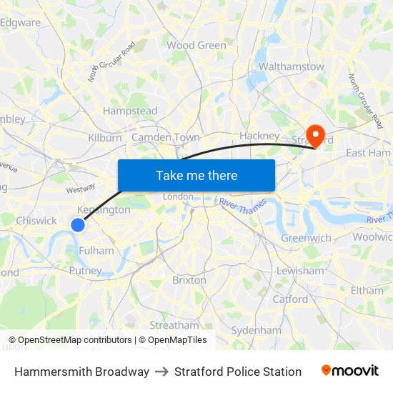 Hammersmith Broadway to Stratford Police Station map