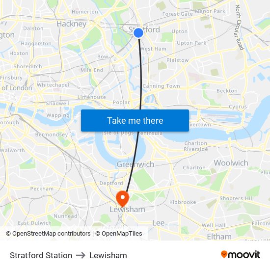 Stratford Station to Lewisham map