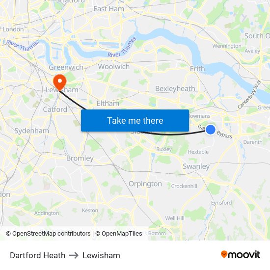 Dartford Heath to Lewisham map