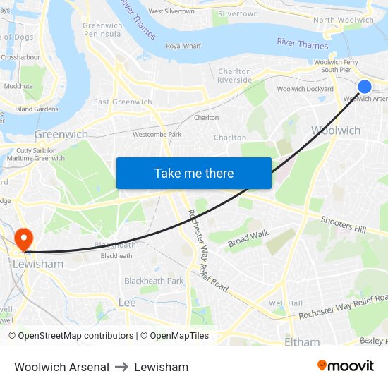 Woolwich Arsenal to Lewisham map