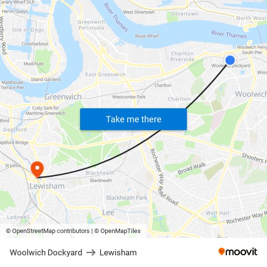 Woolwich Dockyard to Lewisham map