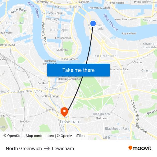 North Greenwich to Lewisham map