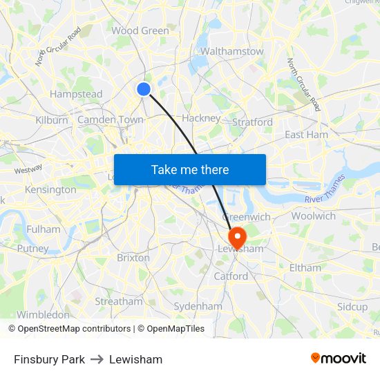 Finsbury Park to Lewisham map