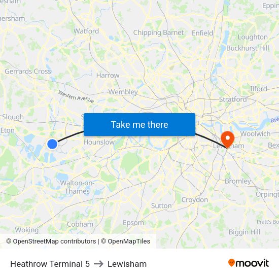 Heathrow Terminal 5 to Lewisham map