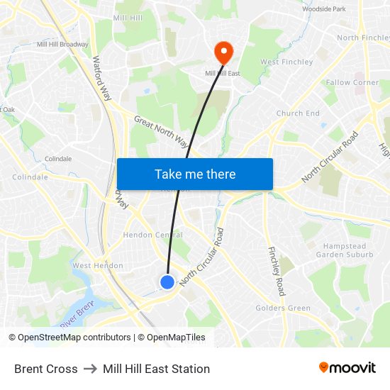 Brent Cross to Mill Hill East Station map