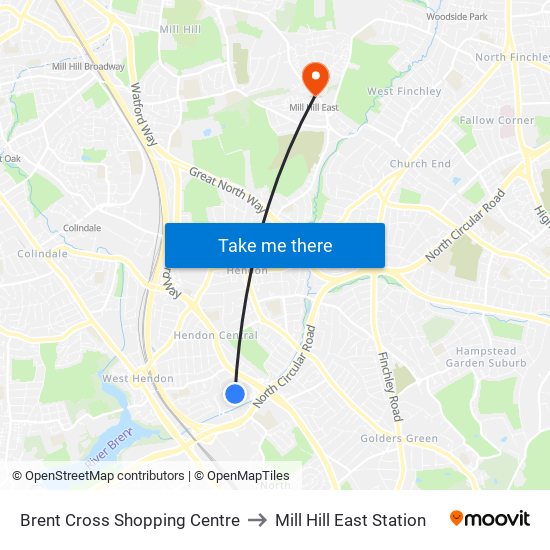 Brent Cross Shopping Centre to Mill Hill East Station map