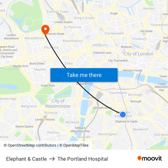 Elephant & Castle to The Portland Hospital map