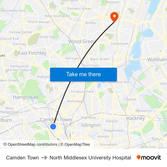 Camden Town to North Middlesex University Hospital map