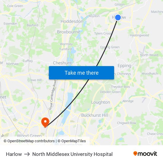 Harlow to North Middlesex University Hospital map
