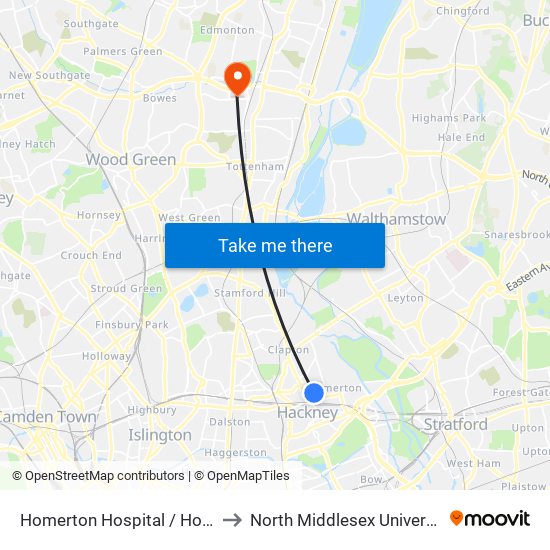 Homerton Hospital / Homerton Row to North Middlesex University Hospital map