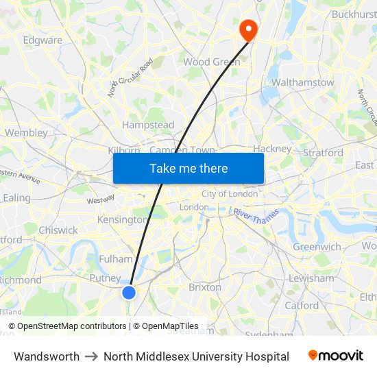 Wandsworth to North Middlesex University Hospital map
