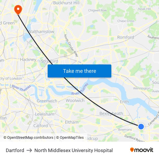 Dartford to North Middlesex University Hospital map