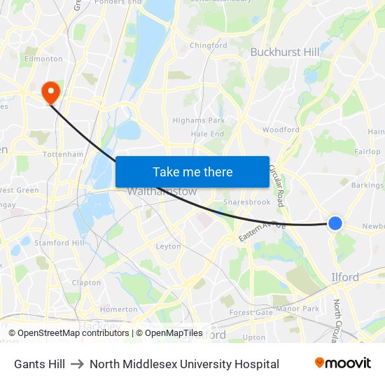 Gants Hill to North Middlesex University Hospital map