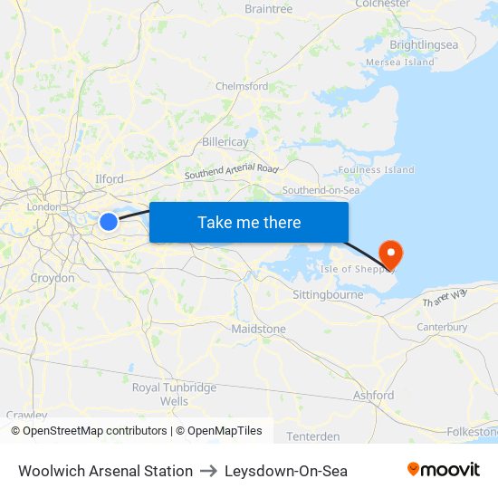Woolwich Arsenal Station to Leysdown-On-Sea map
