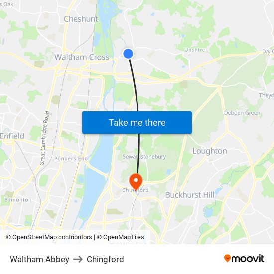 Waltham Abbey to Chingford map