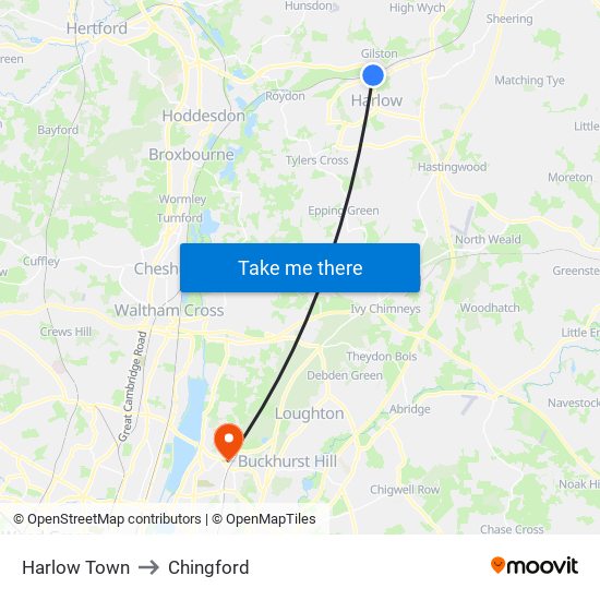 Harlow Town to Chingford map