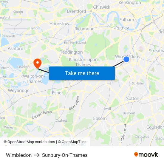 Wimbledon to Sunbury-On-Thames map