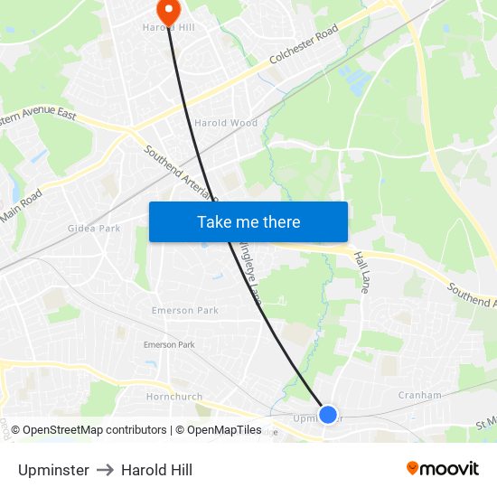 Upminster to Harold Hill map