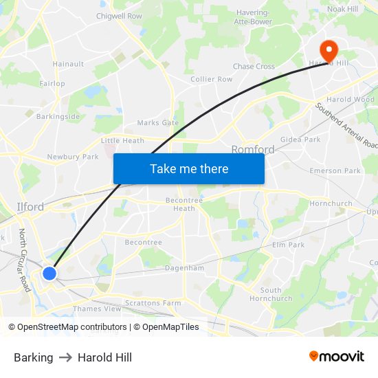 Barking to Harold Hill map