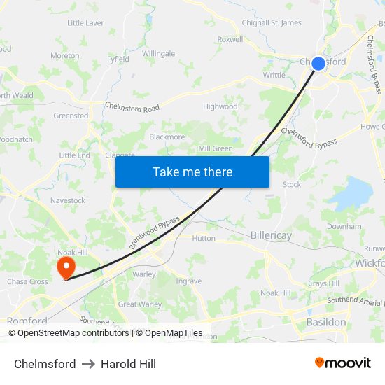 Chelmsford to Harold Hill map
