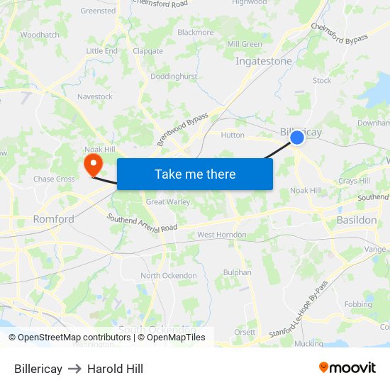 Billericay to Harold Hill map