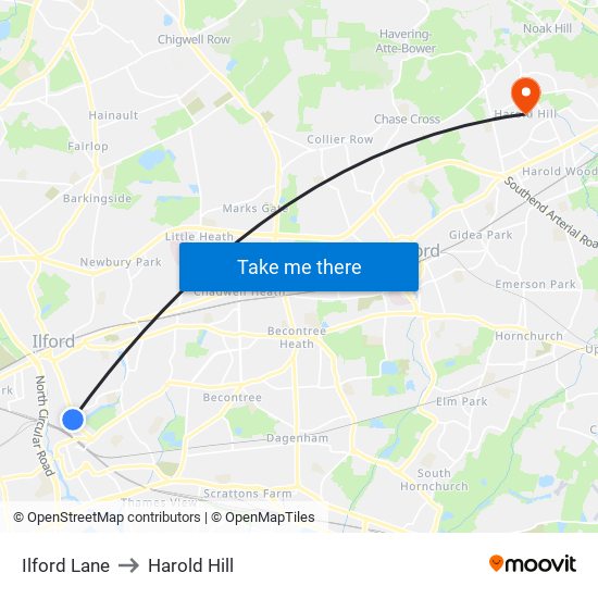 Ilford Lane to Harold Hill map