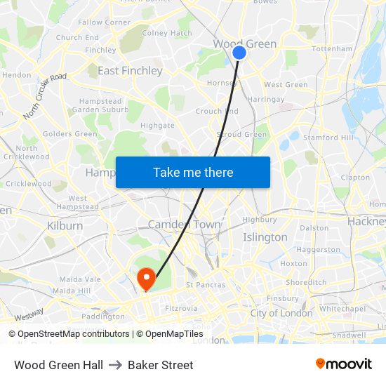 Wood Green Hall to Baker Street map