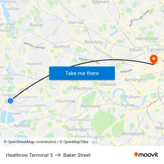Heathrow Terminal 5 to Baker Street map
