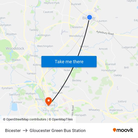 Bicester to Gloucester Green Bus Station map