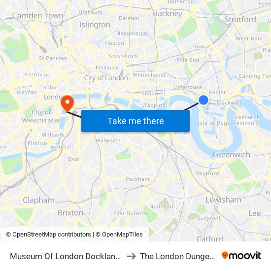 Museum Of London Docklands to The London Dungeon map