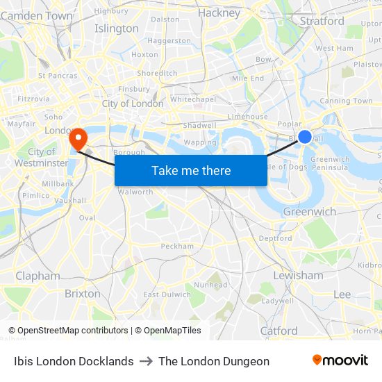 Ibis London Docklands to The London Dungeon map