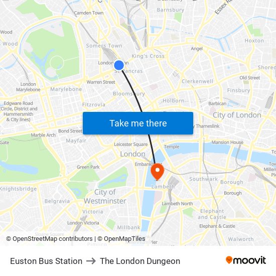 Euston Bus Station to The London Dungeon map