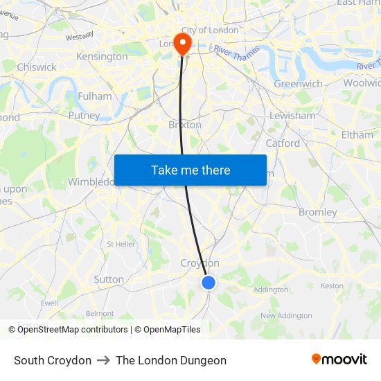 South Croydon to The London Dungeon map